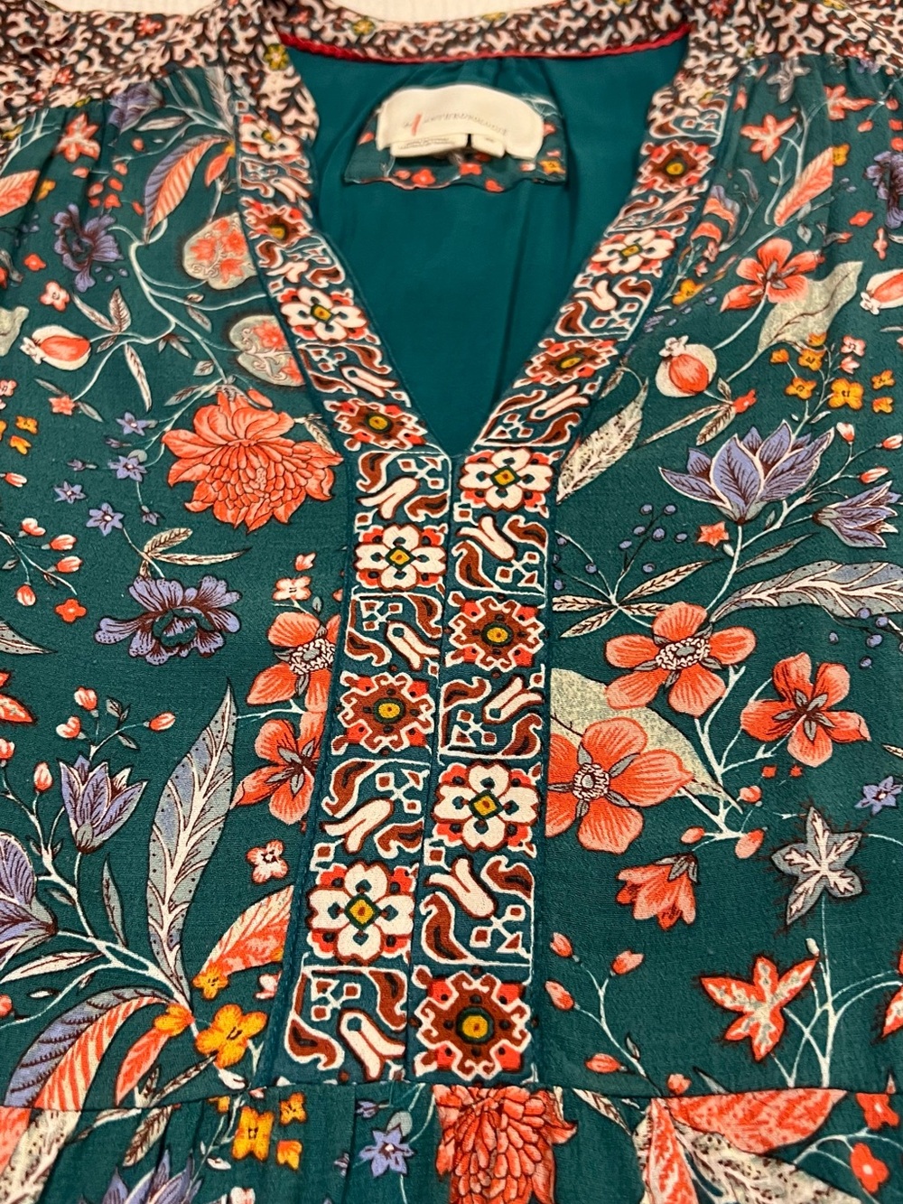 Anthropologie Teal Floral-Trim Blouse Sleeveless Women's Dress size XS - Picture 5 of 10